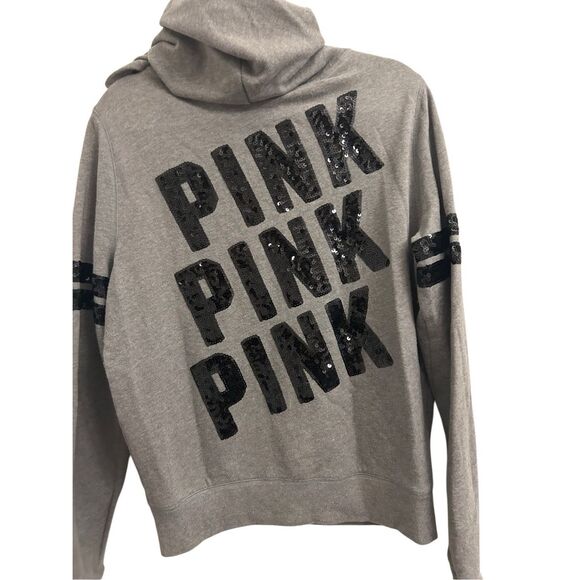 Vintage Y2K Victoria's Secret PINK Black Sequin bling Full zip Hoodie L Gray - Picture 1 of 8